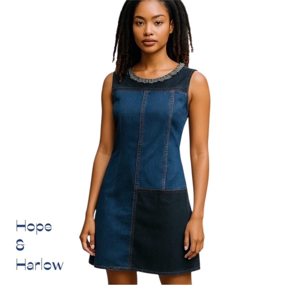 Hope & Harlow Patchwork Denim Dress -‎ Blue and Black